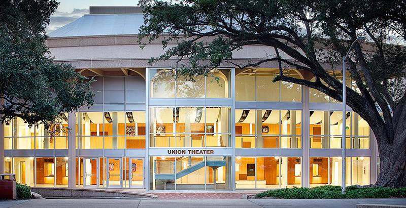 An evening vew of the Student Union Theater building