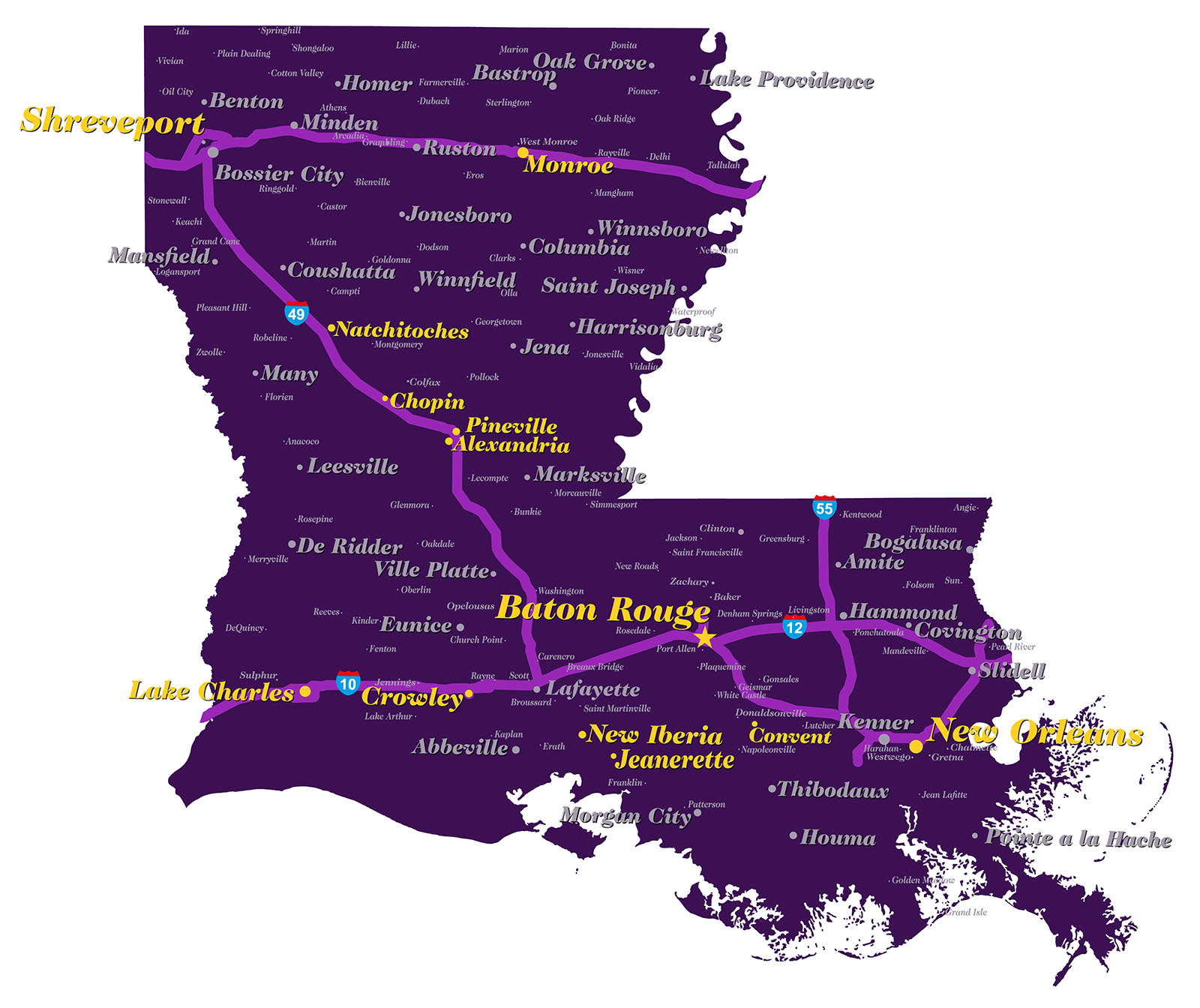 map of louisiana highlighting tour stops; text version of full list follows