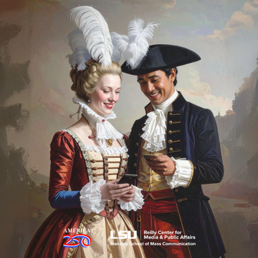 Two colonial-era figures smiling at phones