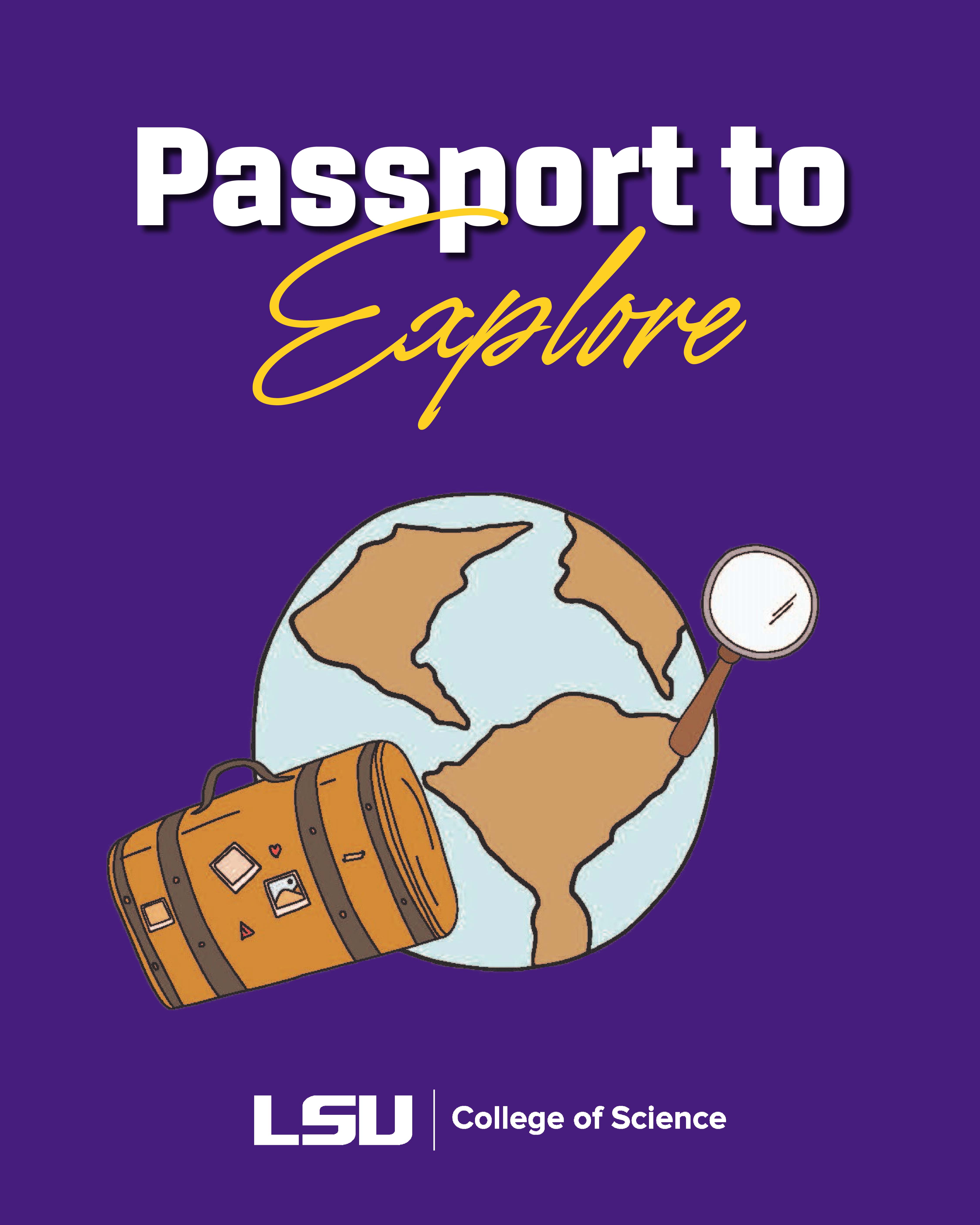 cartoon picture of earth with magnifying glass and suitcase with text saying passport to explore