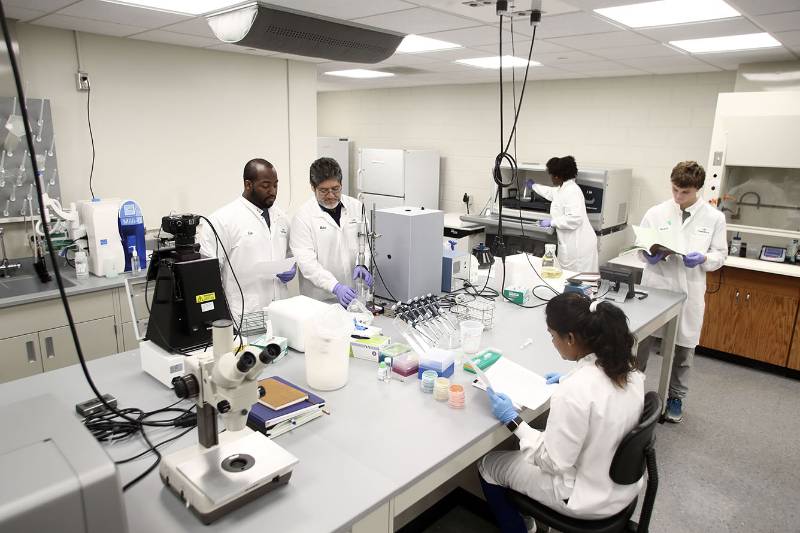 Dr. Mario Rivera and his lab team in his lab in Choppin Hall.