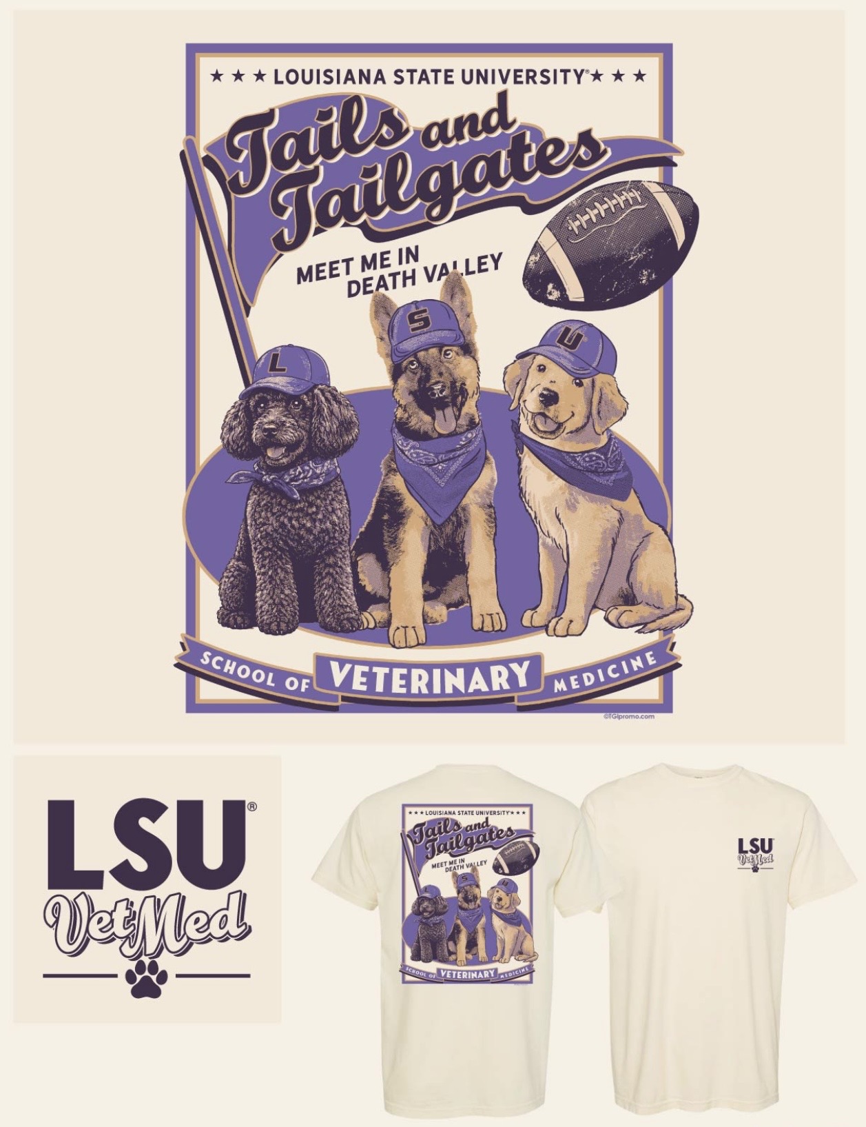 Class of 2028 cream-colored shirt with Tails and Tailgates with three dogs in athletic gear