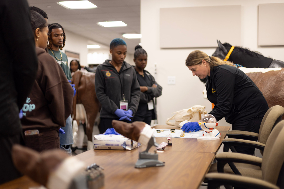 Dr. Renee Carter setting up an ophthalmology lab while students watch